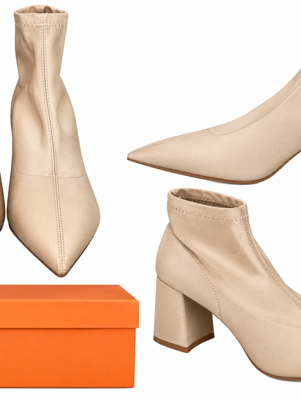 Angelica Beige Pointed-Toe Block Heel Ankle Boots